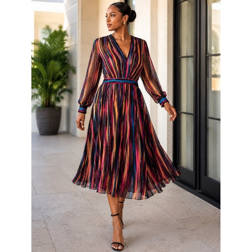 Anne Klein Multicolor Sheer Stripe Midi Dress Womens 16 Cocktail Party - Picture 1 of 8